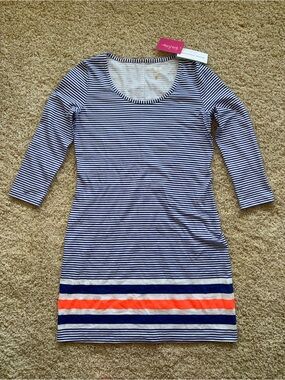 Lilly Pulitzer Beacon Dress Bomber Blue Exotic Garden Engineered Stripe XS NWT